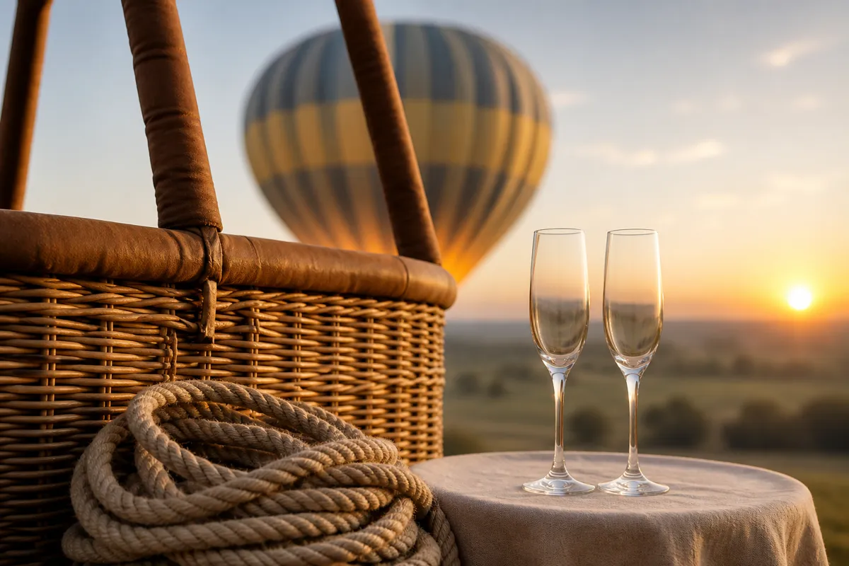 A hot air balloon wicker basket with coiled rope and two champagne flutes on a small table beside it, the striped balloon softly out of focu
