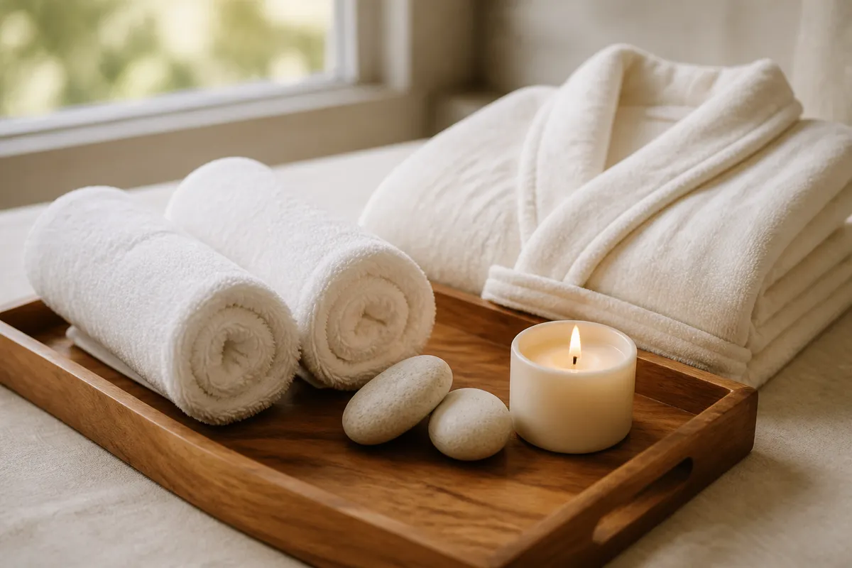 Two rolled white towels, a pair of smooth stones and a lit candle on a teak tray beside a folded robe, calm diffuse light