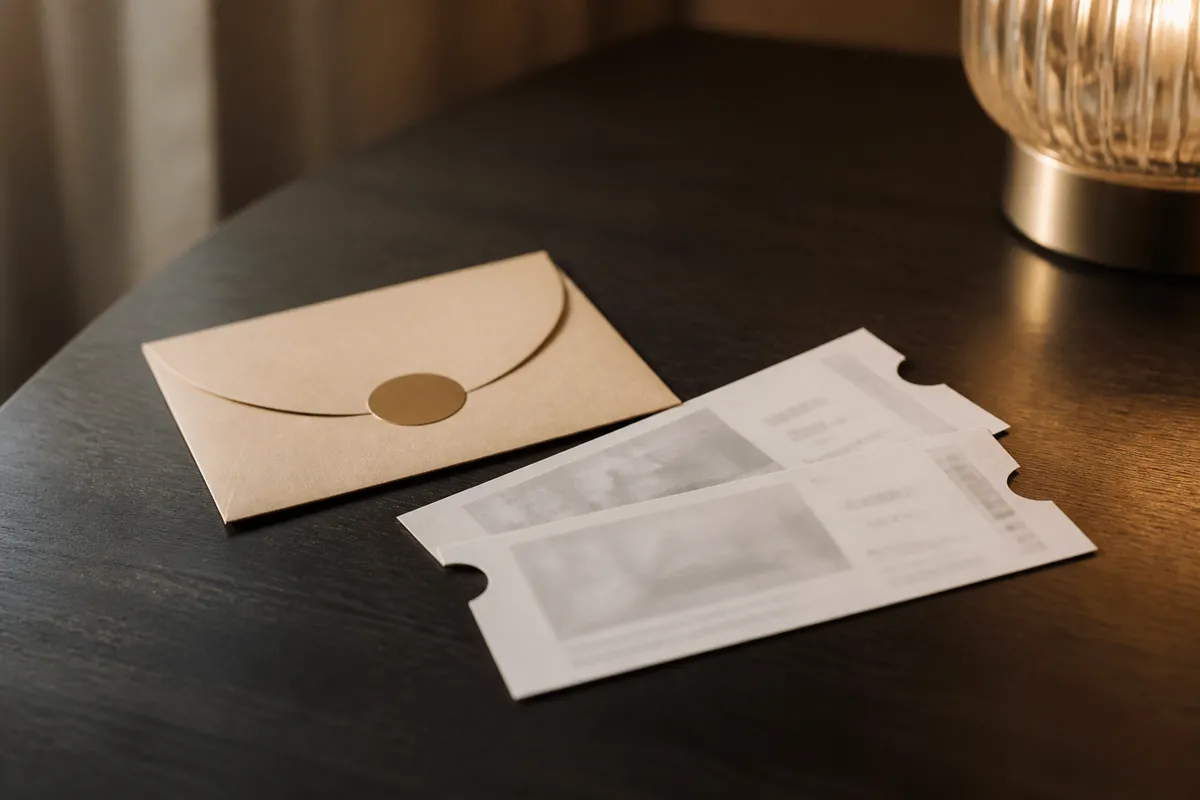 Two event tickets fanned at an angle with the print softly out of focus on a dark table, beside a small gift envelope