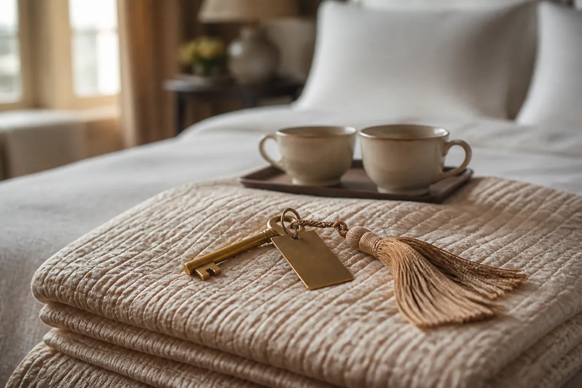 A brass room key with a tassel resting on a folded quilt at the foot of an inn bed, a tray with two teacups nearby