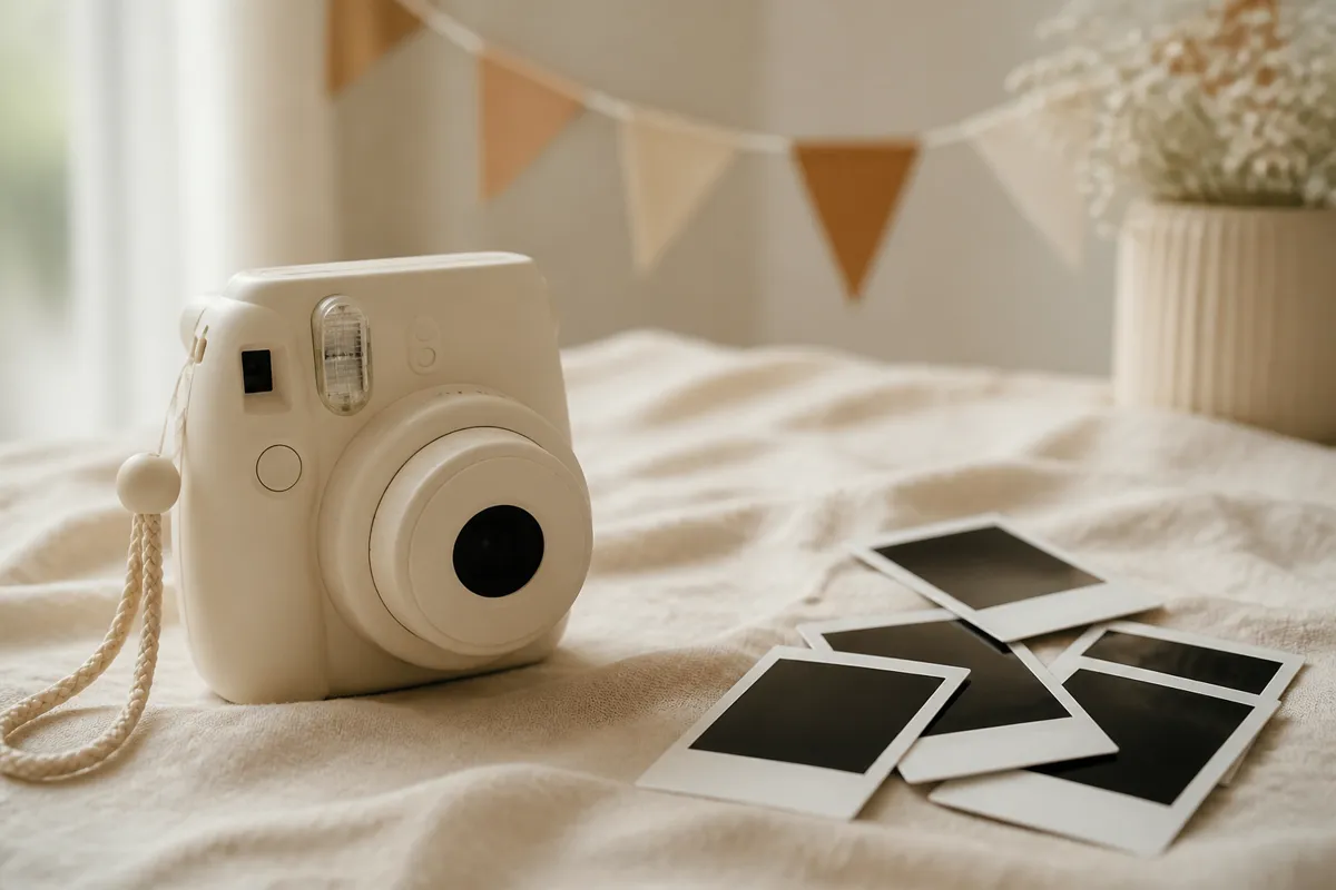 A cream instant camera with a scatter of undeveloped film prints beside it on a linen tablecloth, party bunting softly out of focus behind