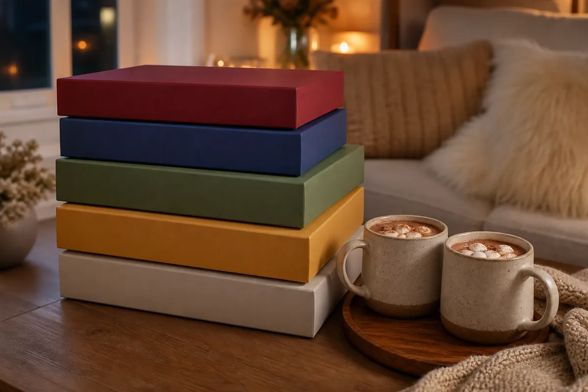 A stack of board game boxes with plain colorful spines beside two mugs of cocoa on a coffee table, cozy evening lamp light