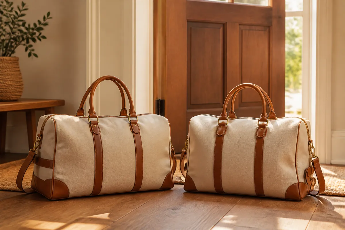 Two matching canvas-and-leather weekender bags standing side by side by a front door on a wooden floor, sunlight through the doorway