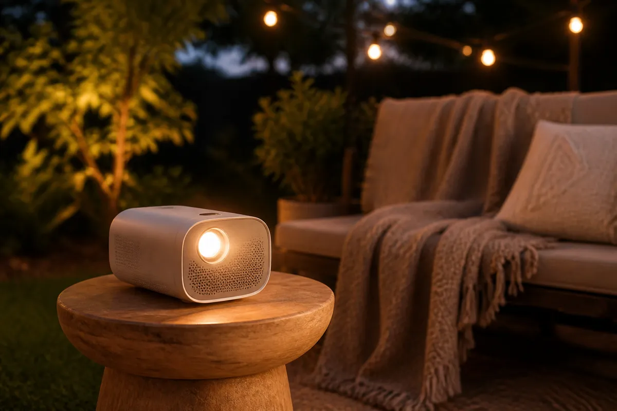 A small portable projector glowing on a stool in a backyard at dusk, a blanket-draped bench and string lights softly out of focus