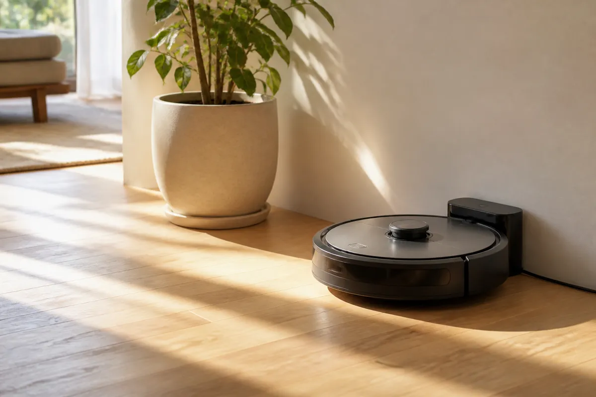 A round robot vacuum docked against a wall on a sunlit wooden floor beside a potted plant