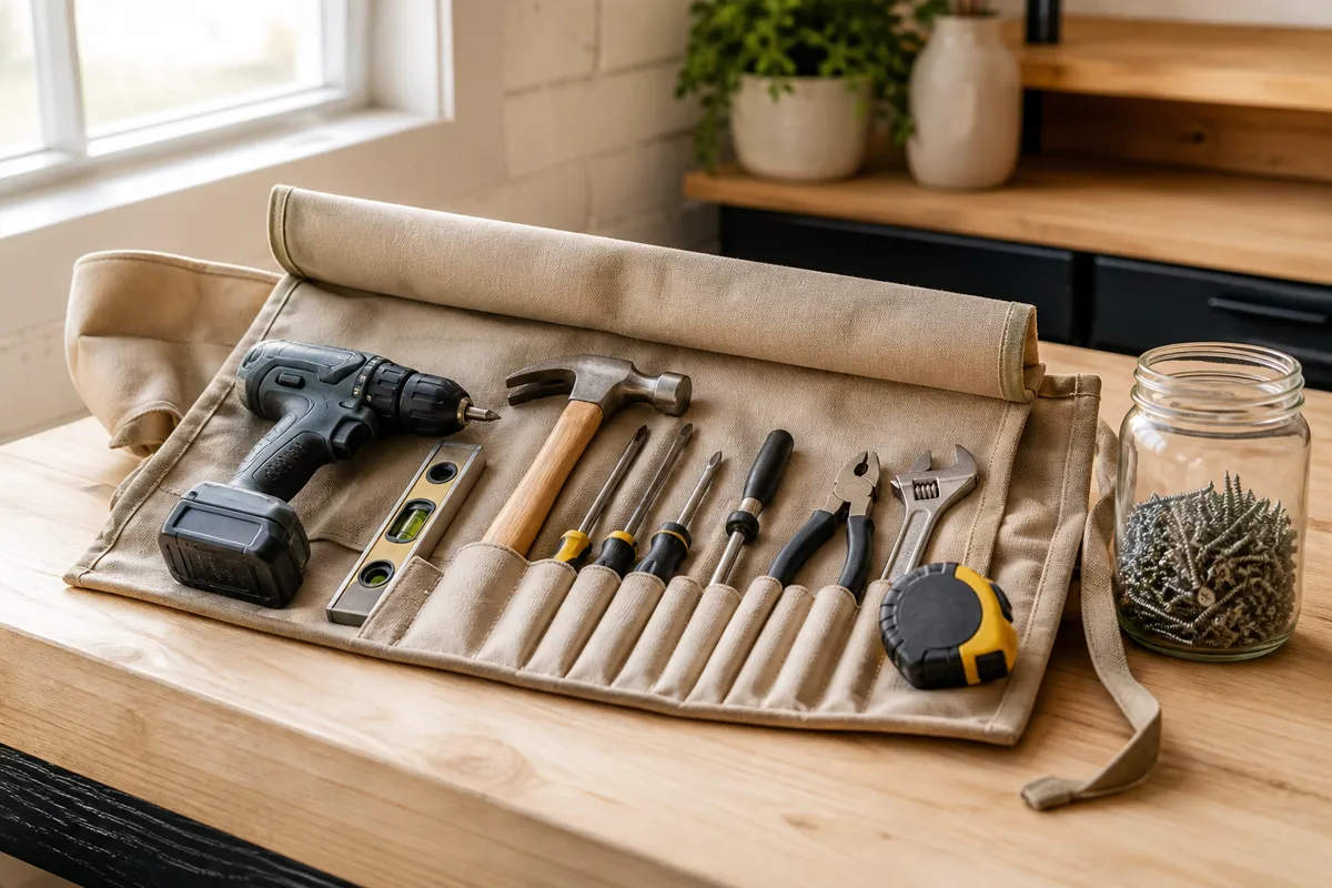 An open canvas tool roll with a drill, level and hand tools laid out on a workbench beside a jar of screws, bright garage light