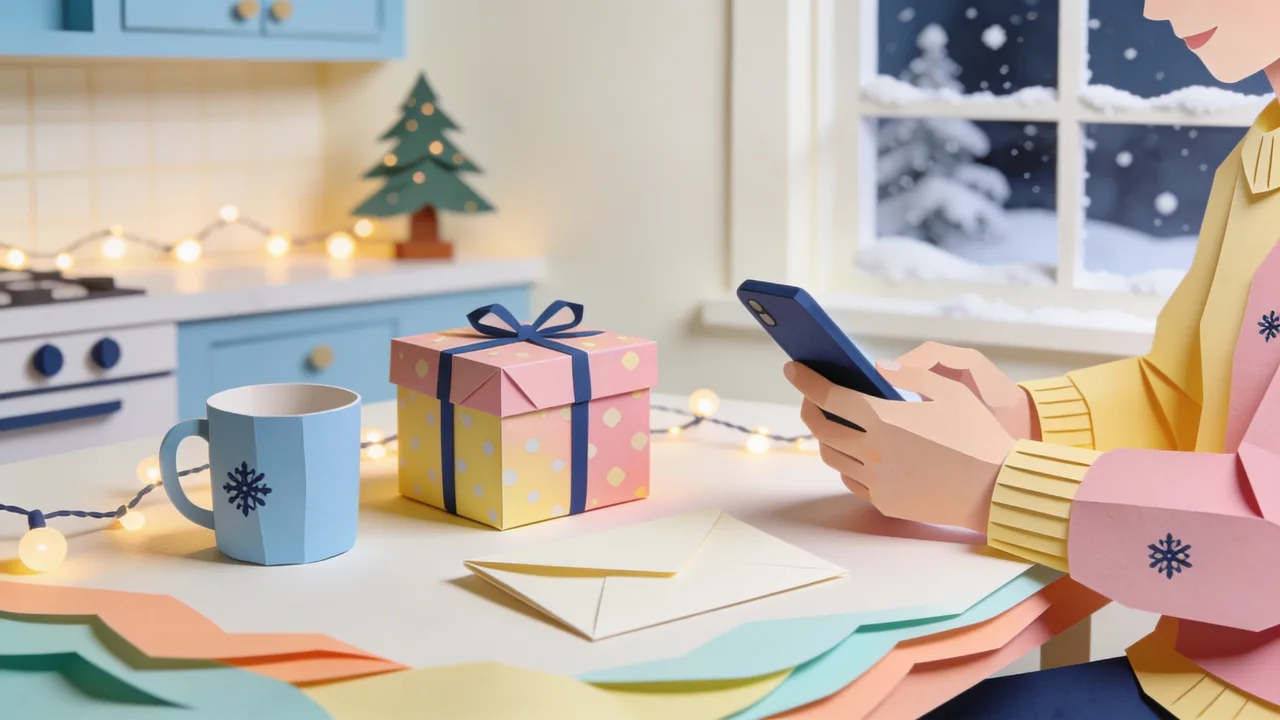 Papercut-style scene of a late-night last-minute Christmas: a phone showing a sent e-gift card, a stack of freshly printed photos in a simple frame, a wrapped box beside a car key and a store receipt, with a lit tree and falling snow in the window behind