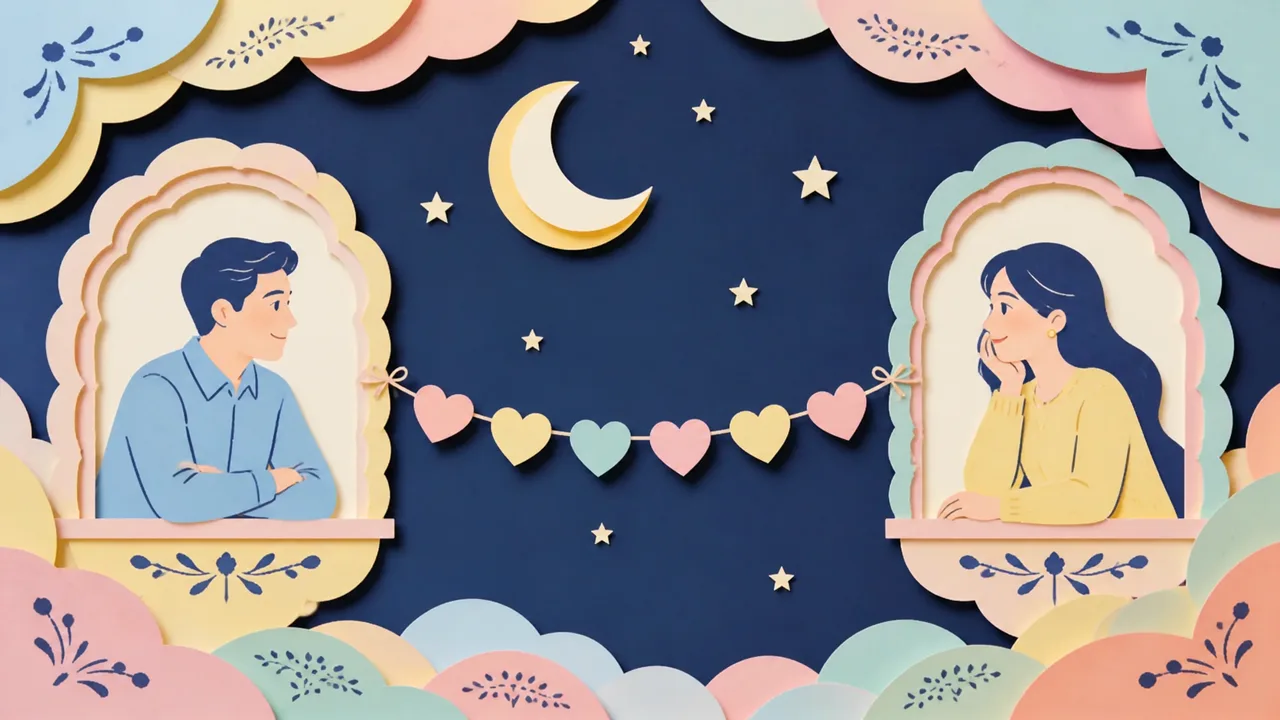 Warm papercut-style scene of two paper cities linked by a string of hearts, with a small airplane, an envelope and a lyric sheet between them