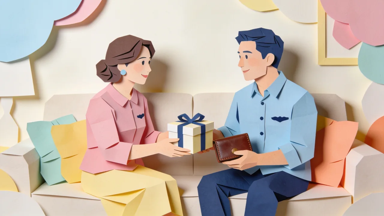Papercut-style scene of an anniversary gift table with a framed photo, a wrapped box and a record, warm evening light