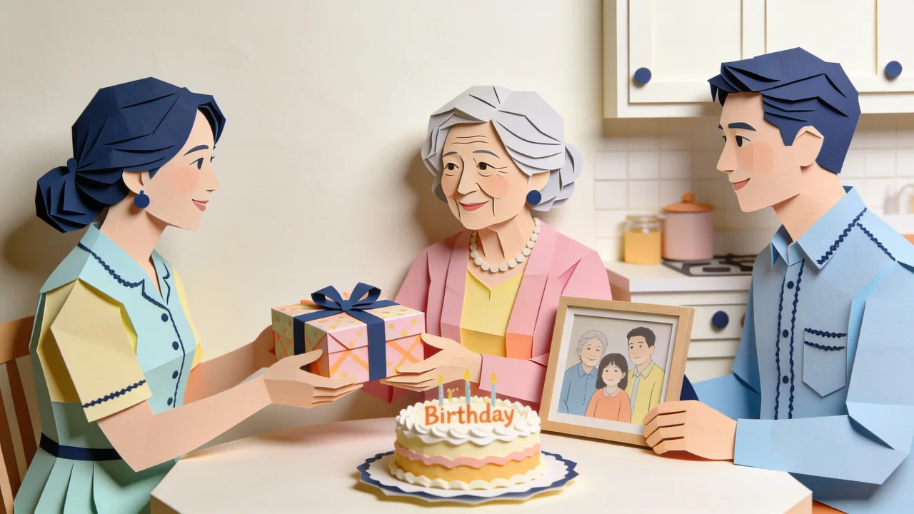 Papercut-style scene of a mother opening a personalized birthday gift at a kitchen table, surrounded by family photos, flowers and a small wrapped keepsake