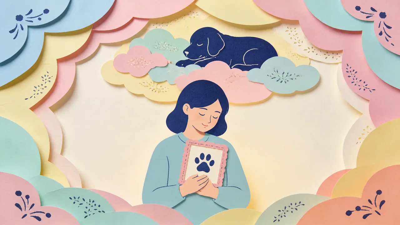 Papercut-style scene of a quiet garden corner with an engraved pet memorial stone, forget-me-nots, a hanging wind chime and a small paper dog curled on a cushion