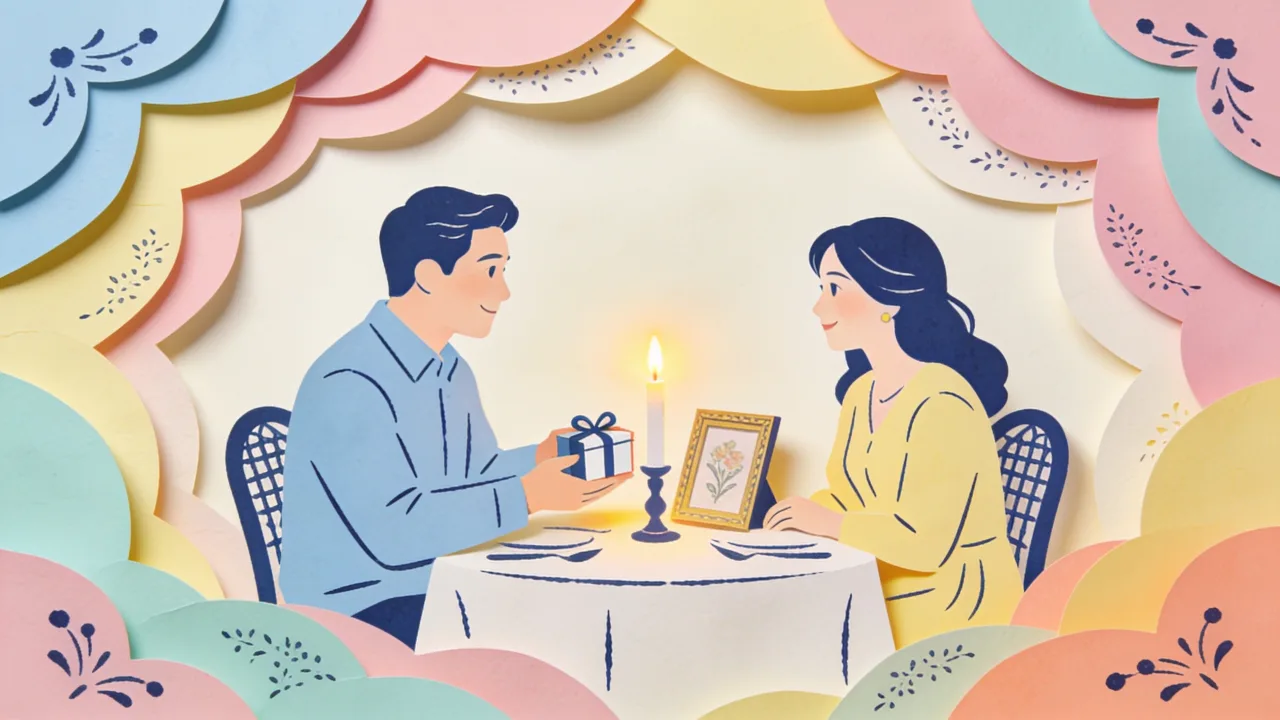 Warm papercut-style scene of anniversary gifts laid out on a table — a framed star map, a letter box, a lyric keepsake card and two coffee cups