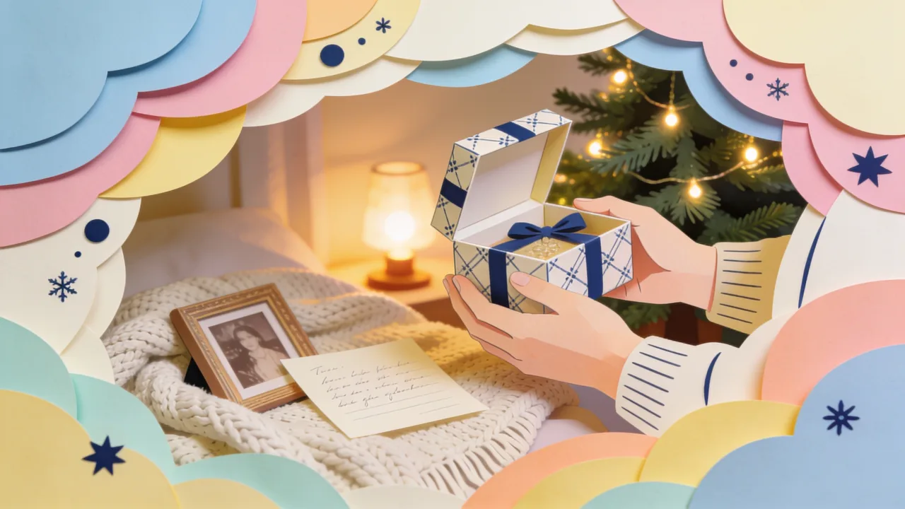 Papercut-style Christmas scene: a decorated tree beside a mantel of hung stockings, a framed photograph and a small wrapped box on a side table, one pair of hands placing an ornament on a branch, warm lamplight