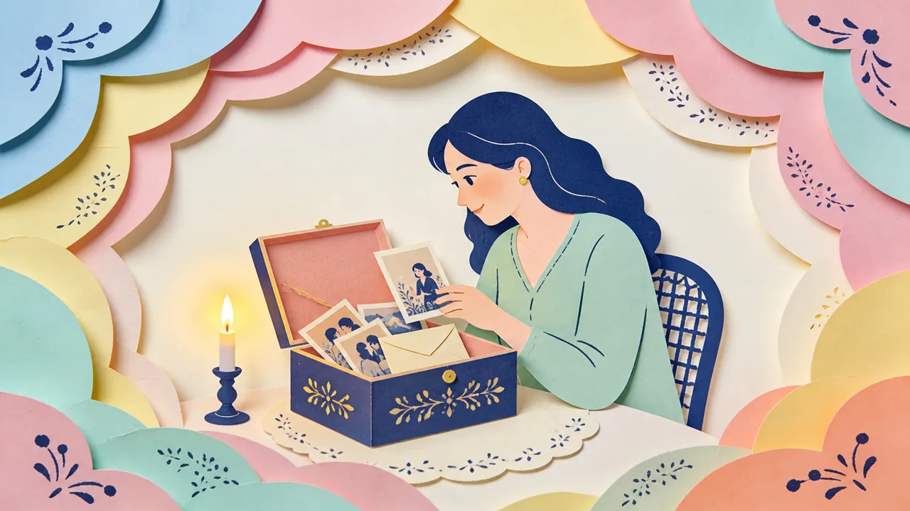 Papercut-style scene of a wrapped gift, a locket, handwritten letters and a framed photo on a wooden table, warm lamplight