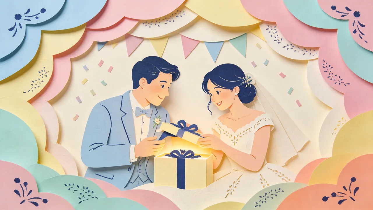 Warm papercut-style scene of wedding gifts on a linen table: a framed star map, a lyric sheet, two champagne glasses and a small ribboned box