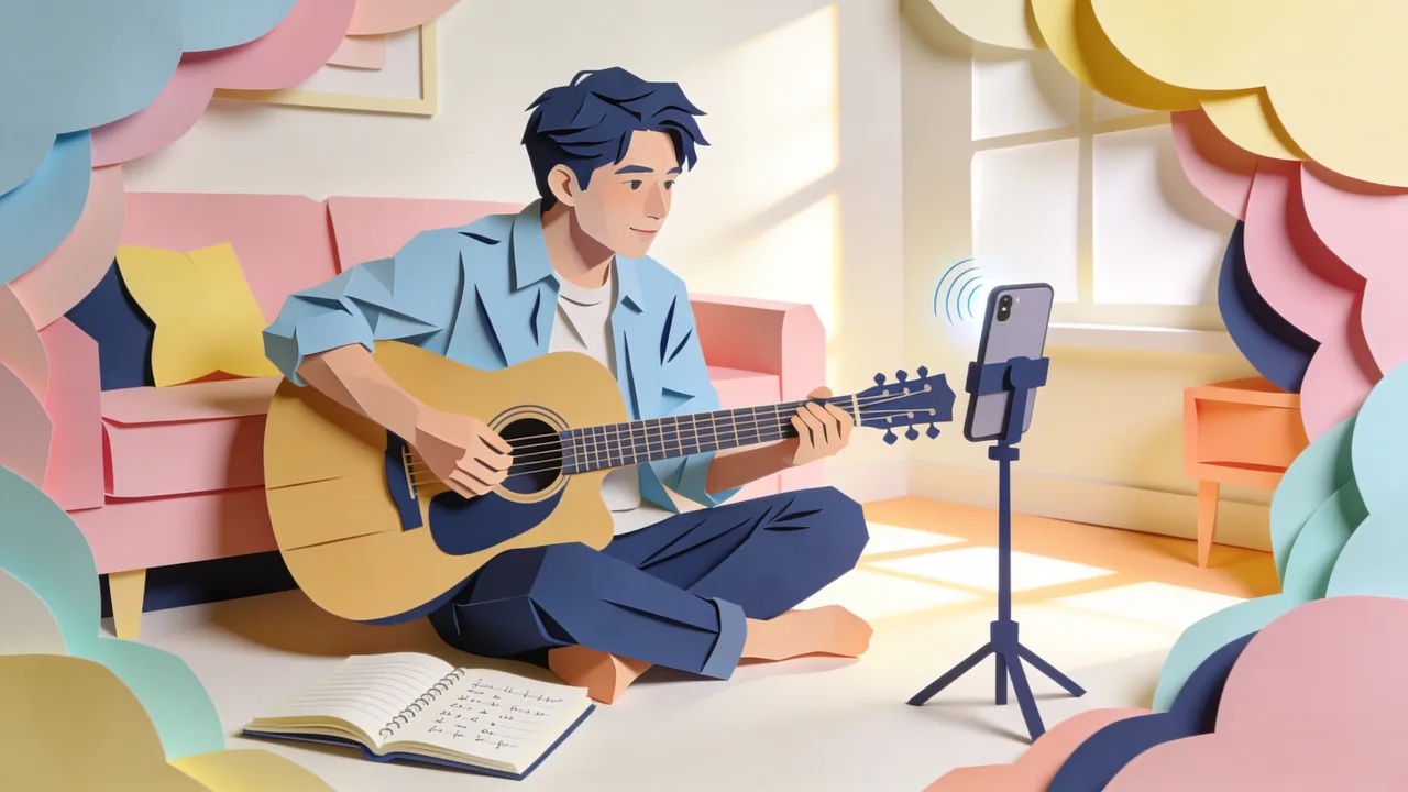 Person recording a song into a phone at a kitchen table beside a notebook of lyrics