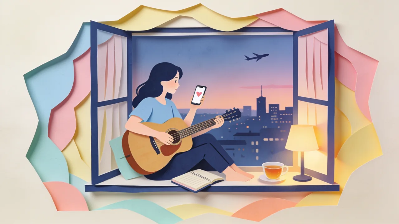 Person sitting by a window at dusk with a guitar and a phone, writing a song for someone far away