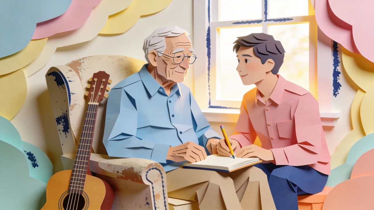 Warm papercut illustration of a grandfather in his workshop listening to a song with his grandchild beside him in golden light
