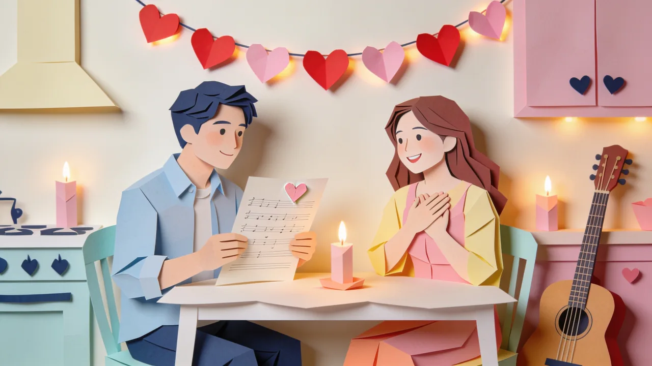 Papercut-style illustration of a couple at a rainy bus stop on Valentine's Day, one holding a handwritten song sheet with a red paper heart