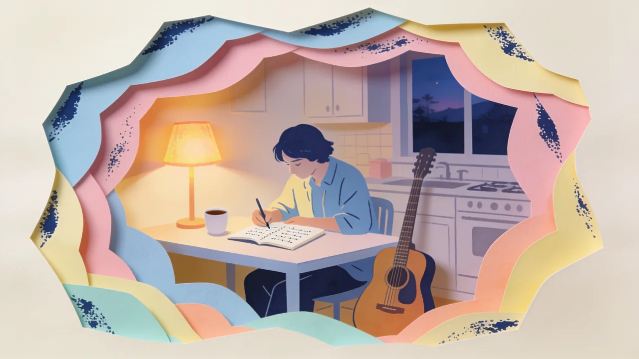 Papercut-style illustration of a person at a kitchen table at night, a phone playing a song beside two paper cups