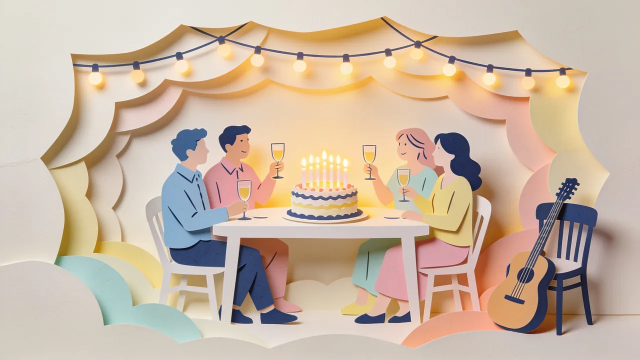 Papercut-style illustration of a fiftieth birthday party with a photo slideshow glowing on the wall and guests raising their glasses