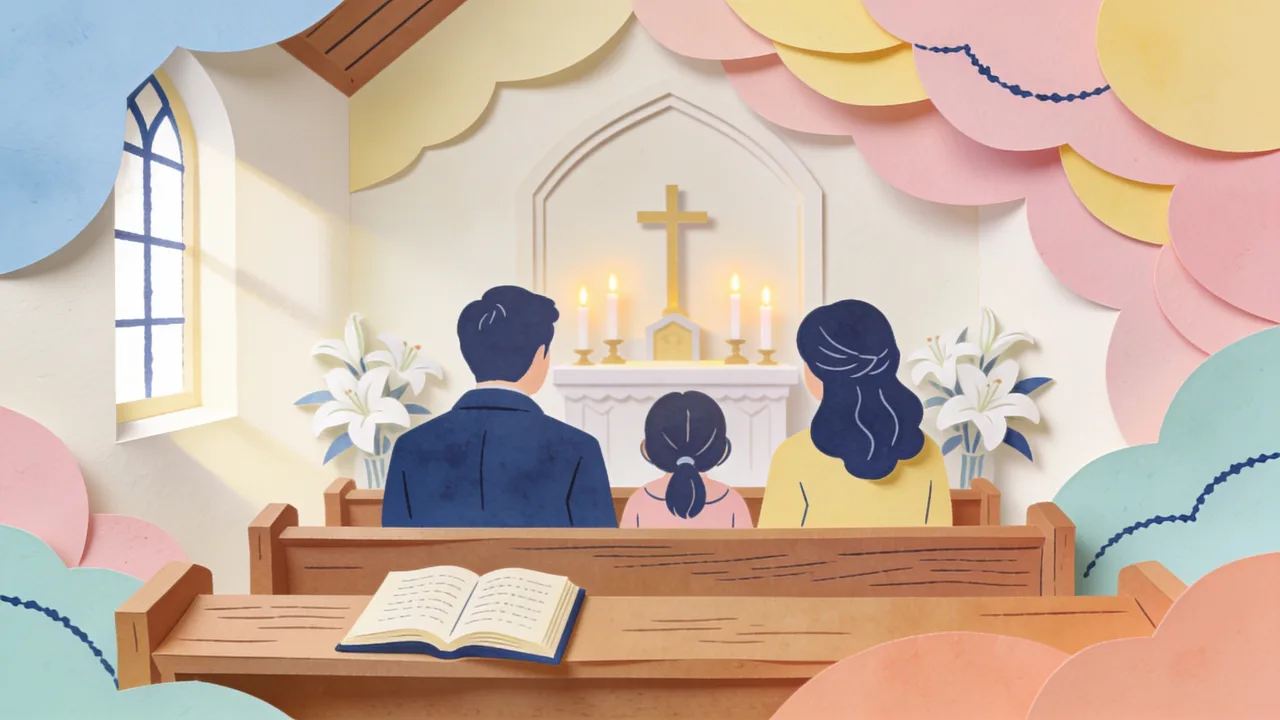 Papercut illustration of a quiet chapel with lit candles, an open hymnal and white lilies on a wooden pew, in soft cream, pastel and navy tones