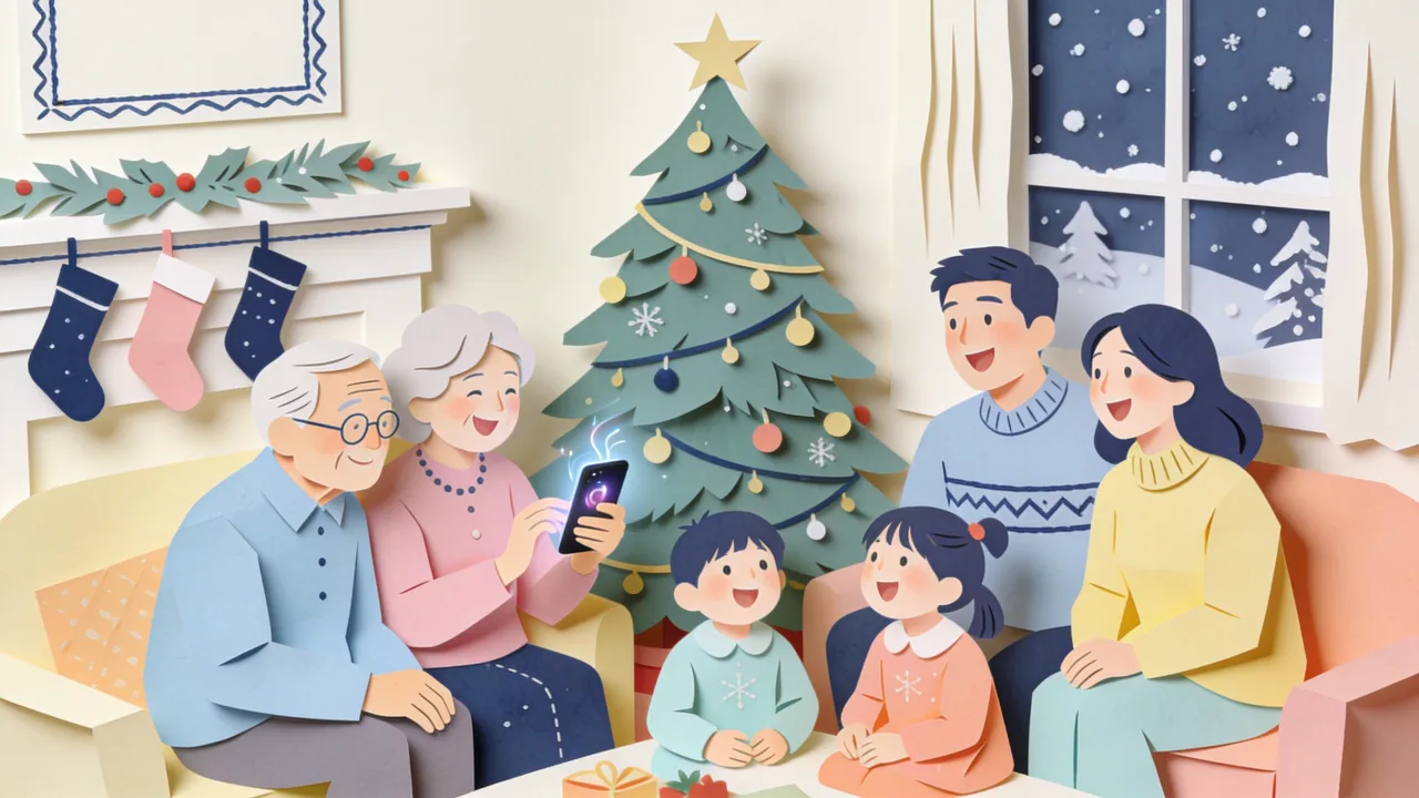 Three generations of a family gathered around a decorated Christmas tree in a warm living room, listening to a song together while snow falls outside the window