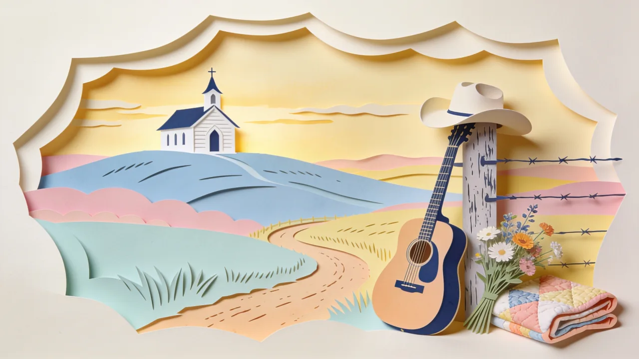 A small white country chapel on a grassy hill at golden hour, with an acoustic guitar leaning against a weathered fence post, a cowboy hat resting on top and wildflowers growing along the fence line