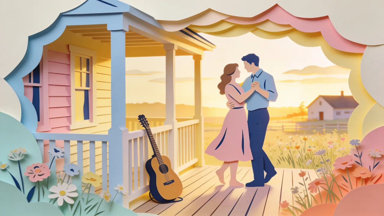 Papercut illustration of a couple slow dancing on a porch at sunset with an acoustic guitar and cowboy hat nearby