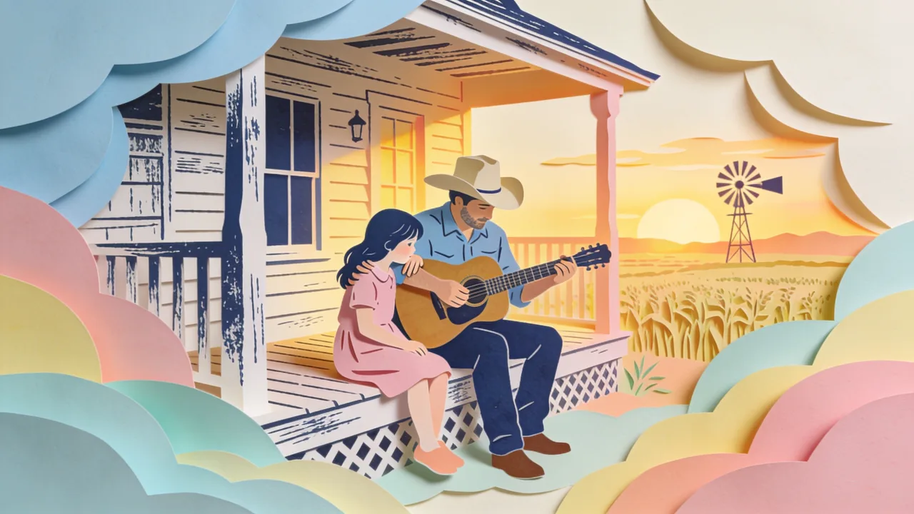 Papercut-style illustration of a father playing guitar for his young daughter on a wooden porch at sunset