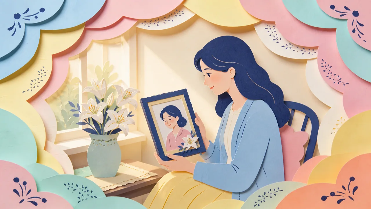 Papercut scene of a daughter placing flowers beside a framed photo of her mother while a memorial song plays