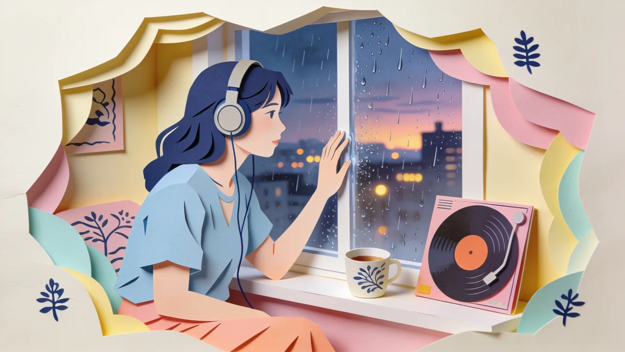Papercut illustration of a person at a rain-streaked window at night with headphones on, a warm lamp and two photographs beside them