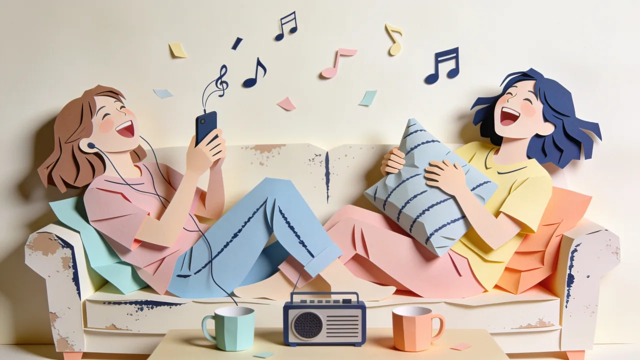 Two best friends doubled over laughing together while a song plays, warm papercut illustration style