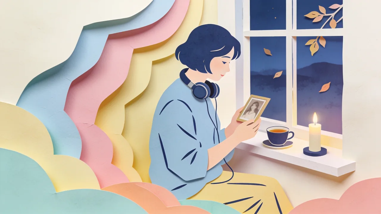 Papercut illustration of a woman sitting by a window at dusk, holding a folded cardigan that belonged to someone she lost, as soft music notes drift through the lamplight