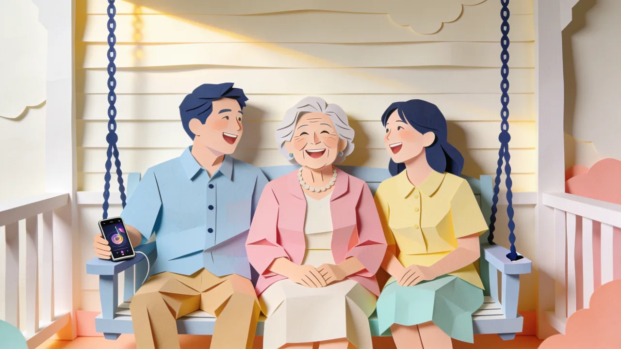 A grown son and daughter sitting on either side of their mother, sharing headphones as a song plays