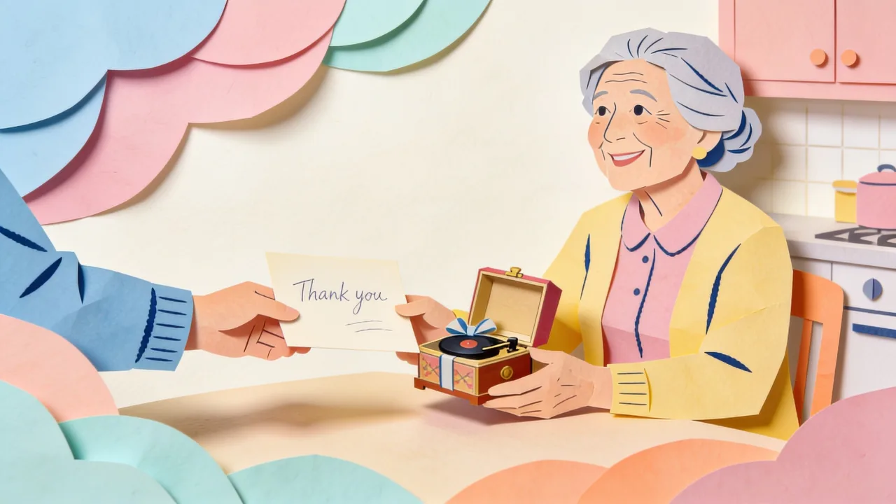 Papercut-style illustration of hands passing a wrapped gift and a handwritten thank you card as a song plays